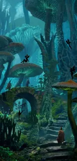 Majestic fantasy forest with towering mushrooms and mystical creatures.