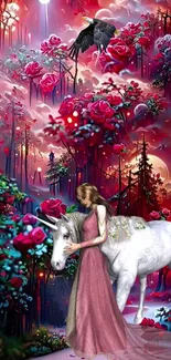 Fantasy forest with woman and unicorn among roses in vivid colors.