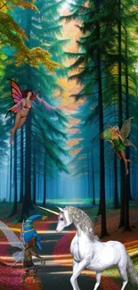 Fantasy forest with fairies and unicorn.