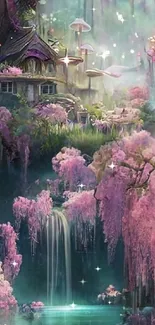 Enchanting forest wallpaper with pink blossoms and a waterfall.