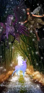 Fantasy forest with unicorns and fairies in a mystical setting.