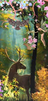 Enchanted forest wallpaper with fawn, fairy, owl, and flowers in a magical setting.