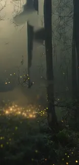 Misty forest with glowing fireflies under a serene night sky.