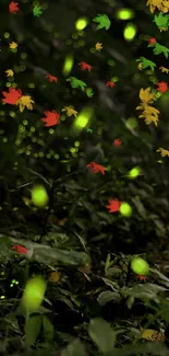 Enchanted forest path illuminated by glowing fireflies at night.