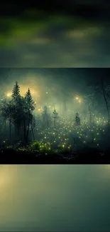 Enchanted forest with glowing fireflies at night.