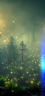 Mystical night forest illuminated by glowing fireflies.