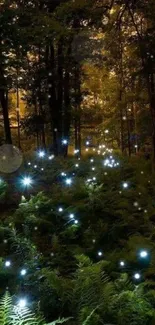 Enchanted forest with glowing fireflies at night.