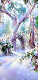 Enchanted forest with floral arrangements and glowing mist.