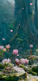 Enchanted forest wallpaper with pink flowers and lush greenery.