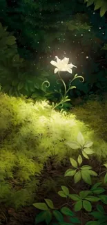 Luminous white flower in an enchanted green forest setting.