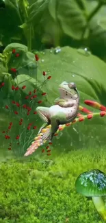 Whimsical frog perched in a magical green forest scene.