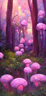 Magical forest with glowing pink mushrooms and purple hues.