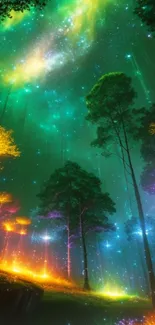 Enchanted forest with galaxy sky and colorful illuminated trees.