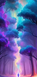 Vibrant enchanted forest wallpaper with glowing galaxy colors.