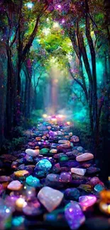 Enchanted forest path with glowing gemstones creating a magical, vibrant scene.