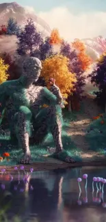 Mystical stone giant beside vibrant autumn trees in a tranquil forest scene.