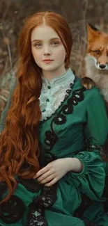 Girl in green dress with a fox in a mystical forest setting.