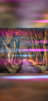 Enchanted forest path with vibrant glitch effects.