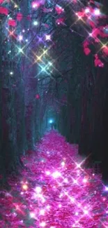 Magical pink path in enchanted forest with sparkling lights.