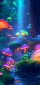 Fantasy forest with glowing mushrooms and vibrant colors.