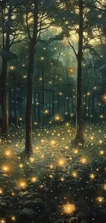 Dark forest scene illuminated by glowing fireflies at night.