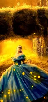 A woman in a blue dress in a glowing enchanted forest setting.