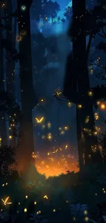 Dark forest with glowing fireflies and mystical ambiance.