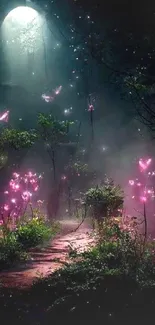 Enchanted forest with glowing pink butterflies and mystical lights.