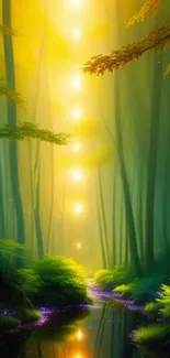 A magical forest scene with golden lights and green foliage.