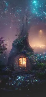 Enchanted forest with glowing treehouse and mystical blue lights.