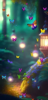 Enchanting forest scene with glowing lanterns and butterflies.