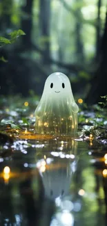 Glowing ghost in an enchanted forest setting.