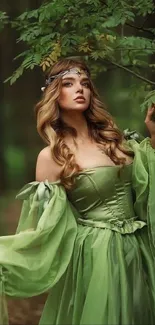 Woman in green dress in a lush forest setting, exuding elegance and mystique.