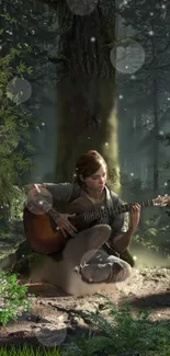 Person playing guitar in a tranquil forest setting.