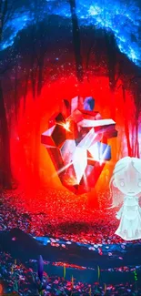 Fantasy forest with glowing red heart and ethereal figure.