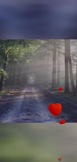 Serene forest path with red heart symbols on mobile wallpaper.