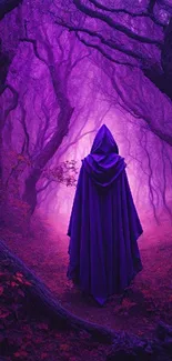 Hooded figure in an enchanted purple forest.