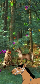 Animated horses in a vibrant forest with colorful butterflies.