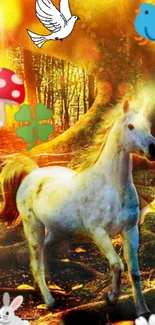 Majestic horse in an enchanted forest with colorful animated elements.