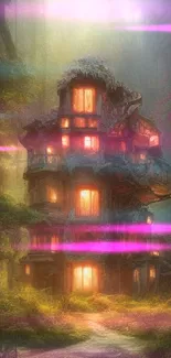 Mystical house glowing warmly in an enchanted forest setting.