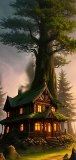 Enchanted cabin nestled in a mystical forest with towering trees.