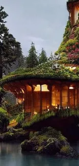 Magical forest house by tranquil water, lush greenery all around.