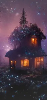 Enchanted forest house with glowing lights