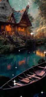 Wooden house by a river in an enchanted forest with a small boat.