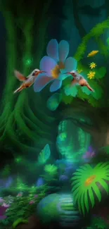 Two hummingbirds in a mystical forest with vibrant colors and lush greenery.