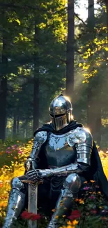 Knight in glowing armor resting in an enchanted forest with sunlit trees.