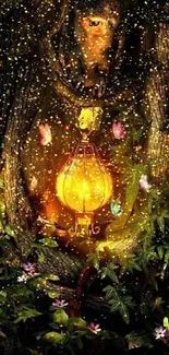 Enchanted forest mobile wallpaper with glowing lantern and owl amidst nature.