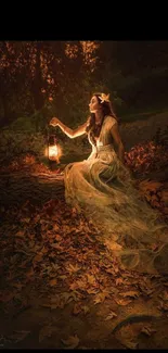 Woman sitting with lantern in a mystical forest scene.