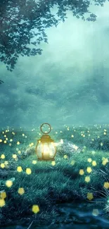 Lantern in enchanted forest with glowing fireflies.