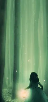 A girl holds a glowing lantern in a mystical forest with green hues.